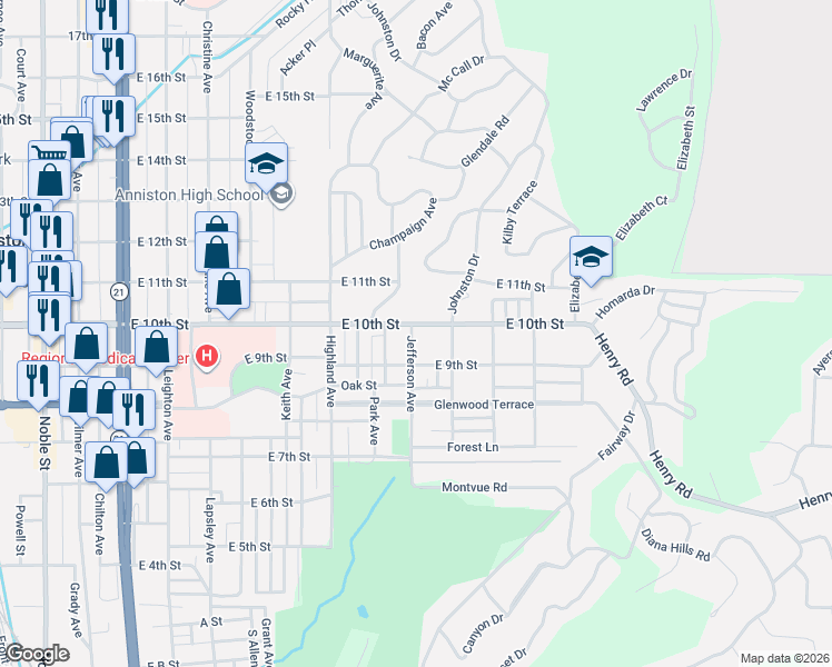 map of restaurants, bars, coffee shops, grocery stores, and more near 1116 East 10th Street in Anniston