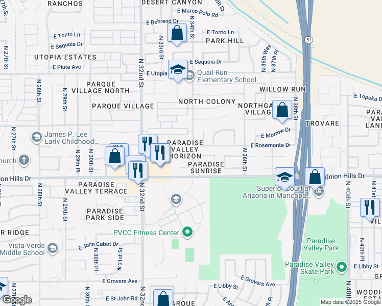 map of restaurants, bars, coffee shops, grocery stores, and more near 3354 East Rockwood Drive in Phoenix