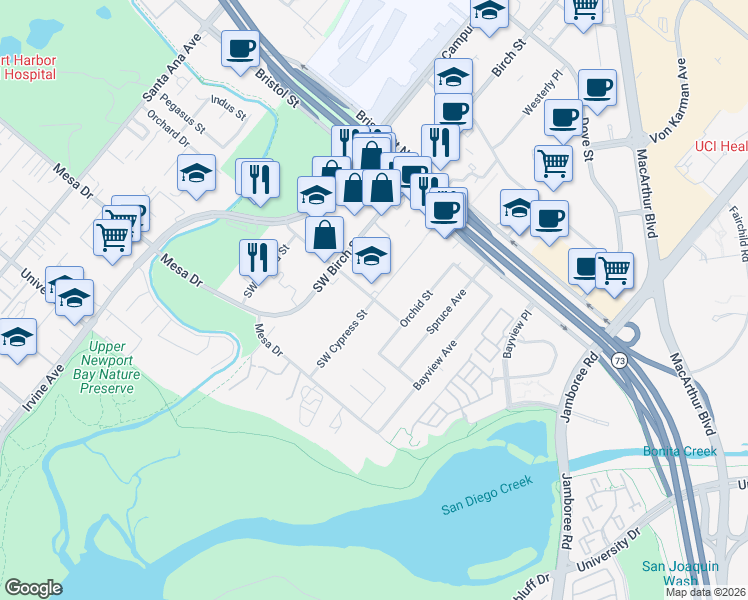 map of restaurants, bars, coffee shops, grocery stores, and more near Southwest Cypress Street in Newport Beach