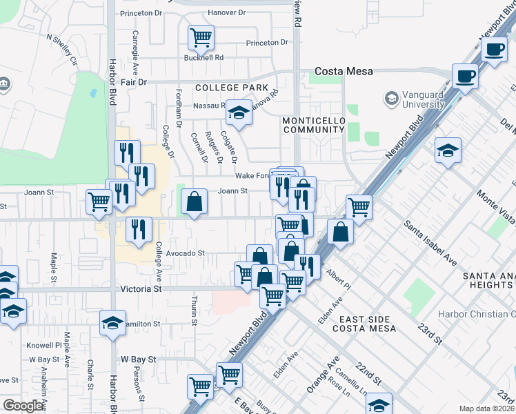 map of restaurants, bars, coffee shops, grocery stores, and more near 2263 Heritage Drive in Costa Mesa