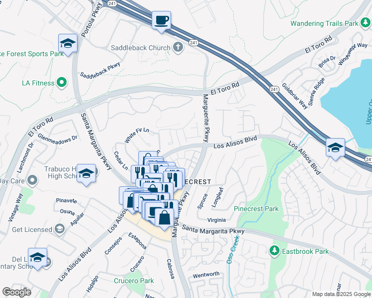 map of restaurants, bars, coffee shops, grocery stores, and more near 27897 Violet in Mission Viejo