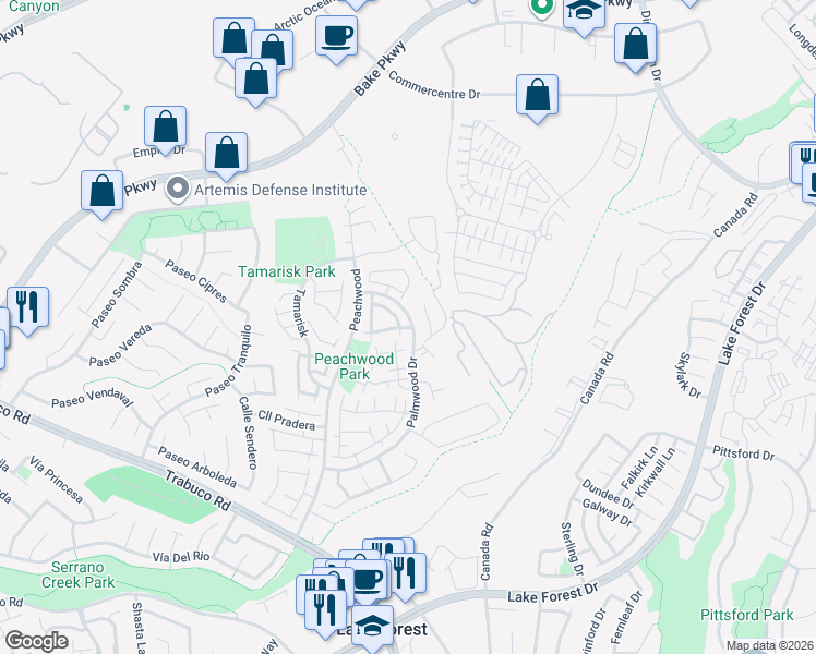 map of restaurants, bars, coffee shops, grocery stores, and more near 26215 Villa Real in Lake Forest