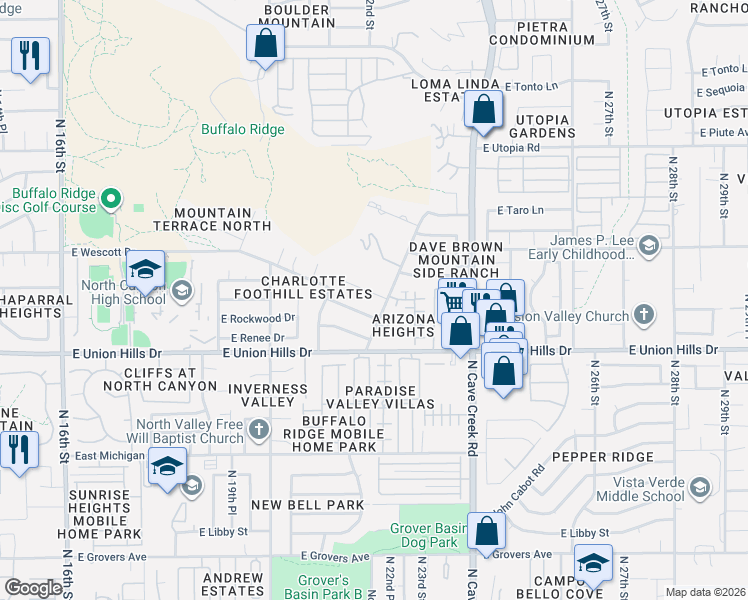 map of restaurants, bars, coffee shops, grocery stores, and more near 2125 East Kerry Lane in Phoenix