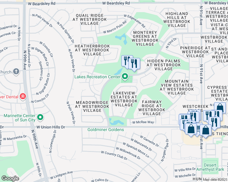 map of restaurants, bars, coffee shops, grocery stores, and more near 18934 North 96th Lane in Peoria