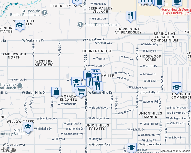 map of restaurants, bars, coffee shops, grocery stores, and more near 3401 West Morrow Drive in Phoenix
