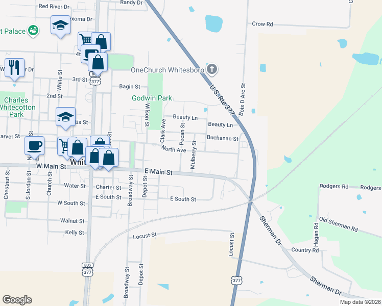 map of restaurants, bars, coffee shops, grocery stores, and more near 117 Mulberry Street in Whitesboro