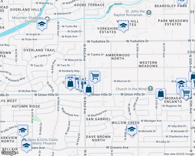 map of restaurants, bars, coffee shops, grocery stores, and more near 18777 North 43rd Avenue in Glendale
