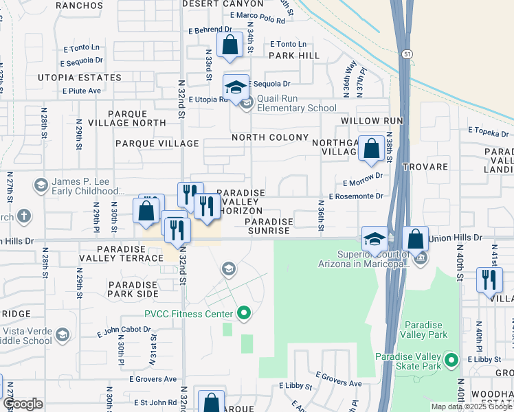 map of restaurants, bars, coffee shops, grocery stores, and more near 3354 East Rockwood Drive in Phoenix