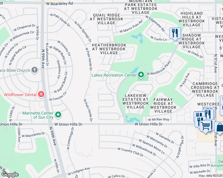 map of restaurants, bars, coffee shops, grocery stores, and more near 19094 North 97th Lane in Peoria