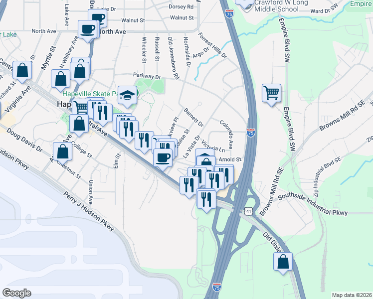 map of restaurants, bars, coffee shops, grocery stores, and more near 3381 La Vista Drive in Atlanta