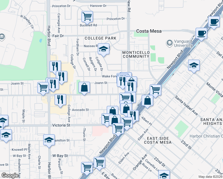 map of restaurants, bars, coffee shops, grocery stores, and more near 2263 Heritage Drive in Costa Mesa