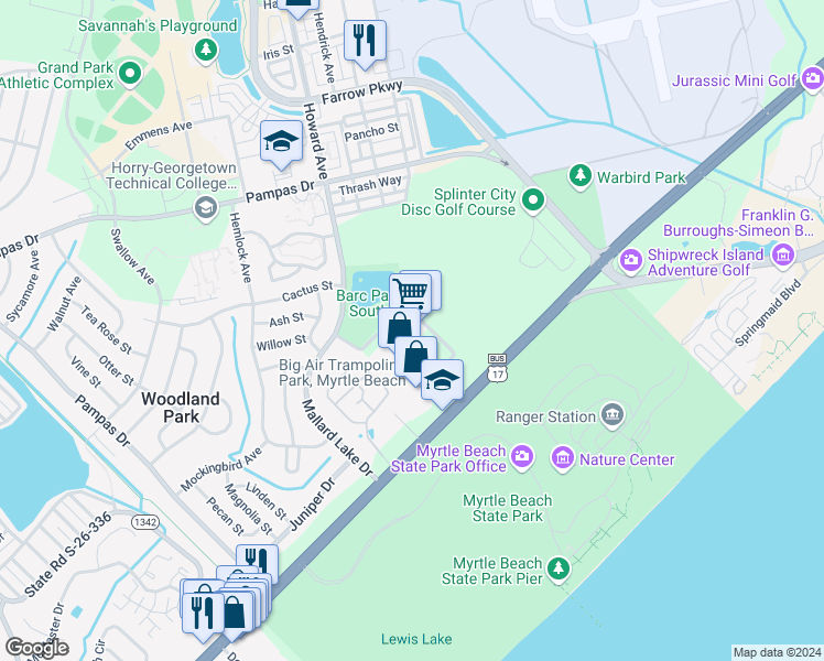 map of restaurants, bars, coffee shops, grocery stores, and more near 3890 South Kings Highway in Myrtle Beach