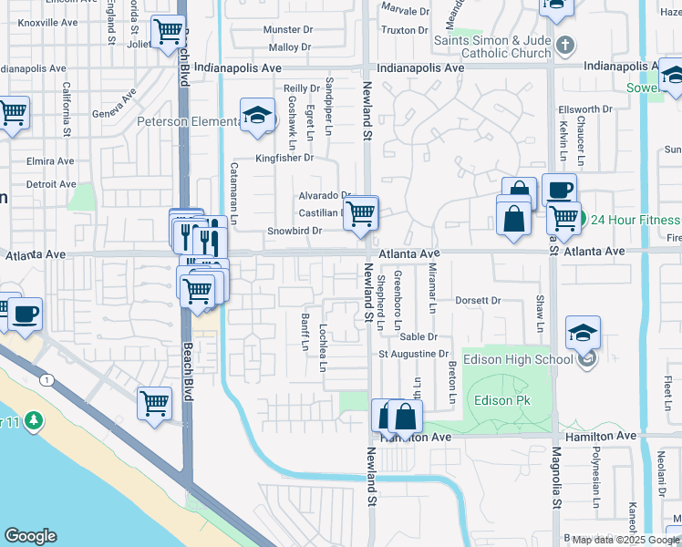 map of restaurants, bars, coffee shops, grocery stores, and more near c333 Windchild Lane in Huntington Beach