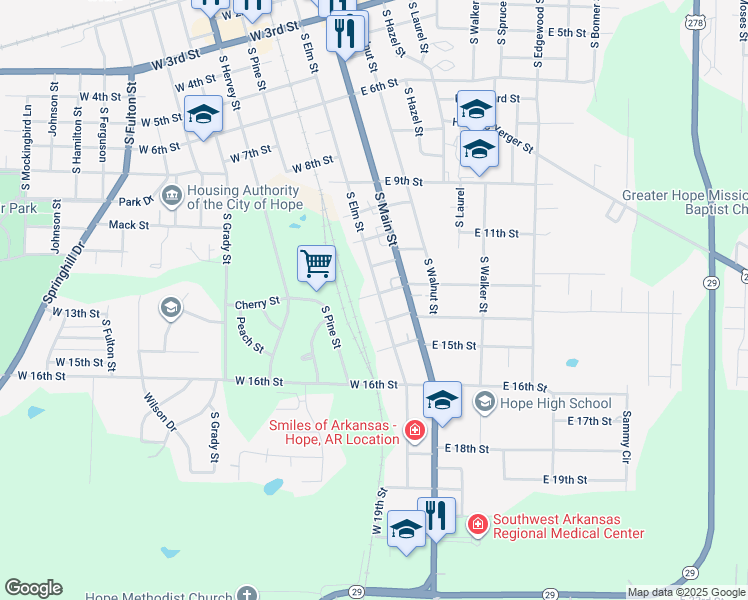 map of restaurants, bars, coffee shops, grocery stores, and more near 1302 South Elm Street in Hope