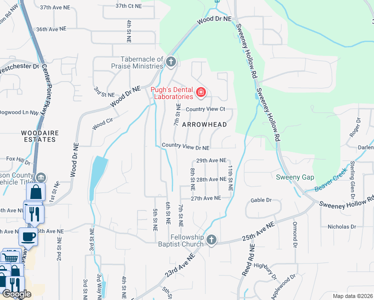 map of restaurants, bars, coffee shops, grocery stores, and more near 717 Country View Drive Northeast in Center Point