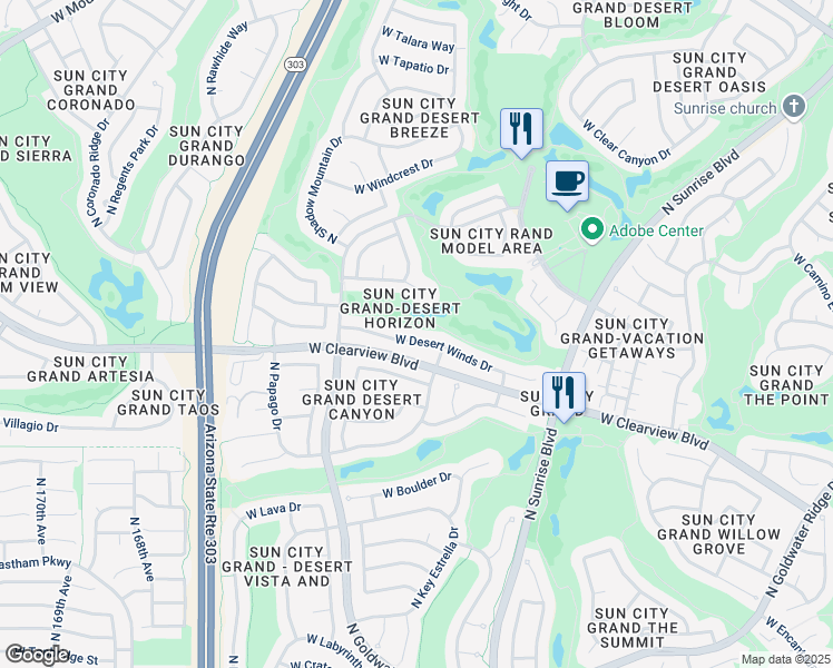 map of restaurants, bars, coffee shops, grocery stores, and more near 16240 West Desert Winds Drive in Surprise