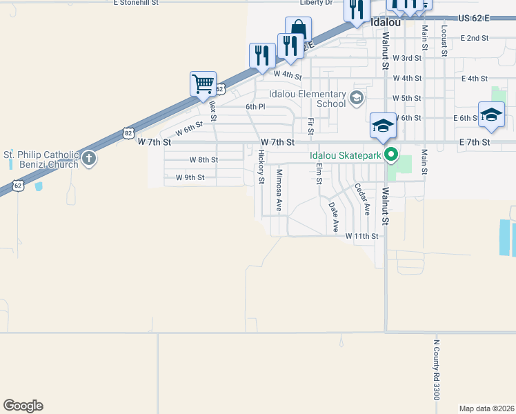 map of restaurants, bars, coffee shops, grocery stores, and more near 823 Hickory Street in Idalou