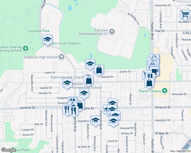 map of restaurants, bars, coffee shops, grocery stores, and more near 2265 Pomona Avenue in Costa Mesa