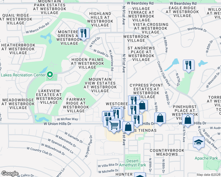 map of restaurants, bars, coffee shops, grocery stores, and more near 19004 North 91st Lane in Peoria