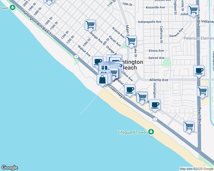 map of restaurants, bars, coffee shops, grocery stores, and more near 325 California 1 in Huntington Beach