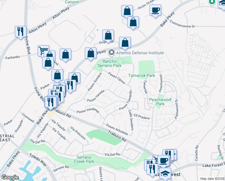 map of restaurants, bars, coffee shops, grocery stores, and more near 21071 Avenida Albercon in Lake Forest