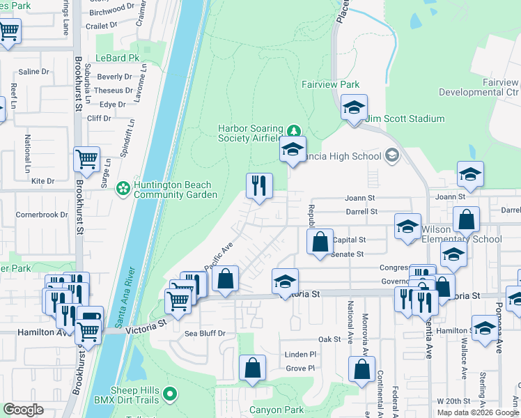 map of restaurants, bars, coffee shops, grocery stores, and more near 1036 Sea Breeze Drive in Costa Mesa
