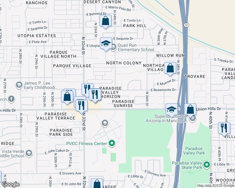 map of restaurants, bars, coffee shops, grocery stores, and more near 3354 East Rockwood Drive in Phoenix