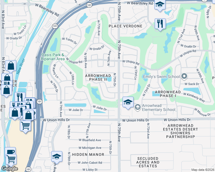 map of restaurants, bars, coffee shops, grocery stores, and more near 19030 North 76th Avenue in Glendale