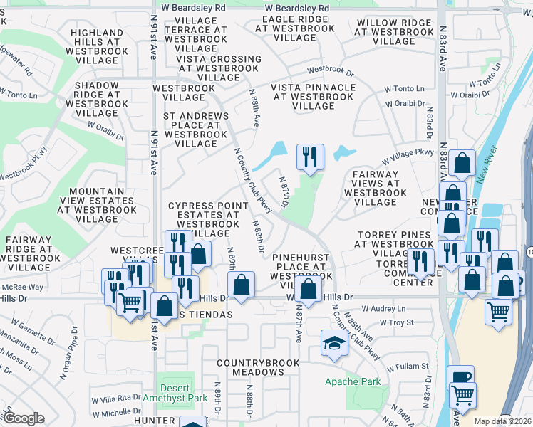 map of restaurants, bars, coffee shops, grocery stores, and more near 8743 West Kimberly Way in Peoria