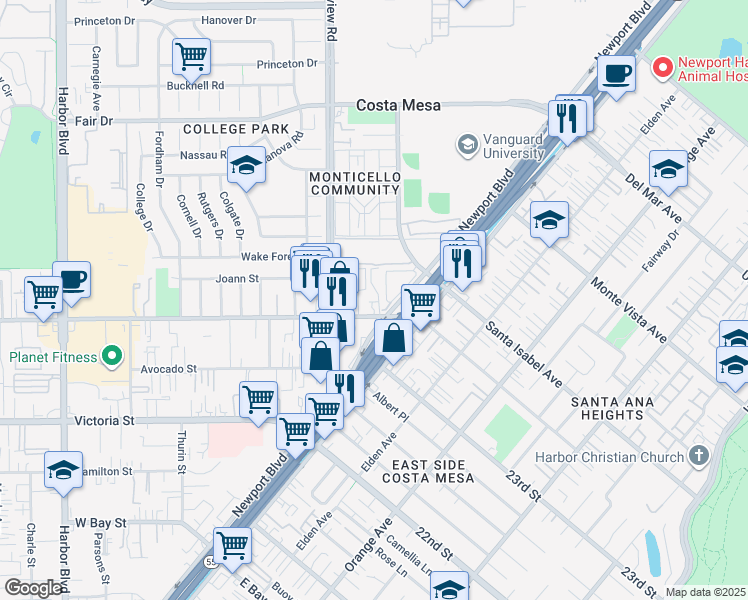 map of restaurants, bars, coffee shops, grocery stores, and more near in Costa Mesa