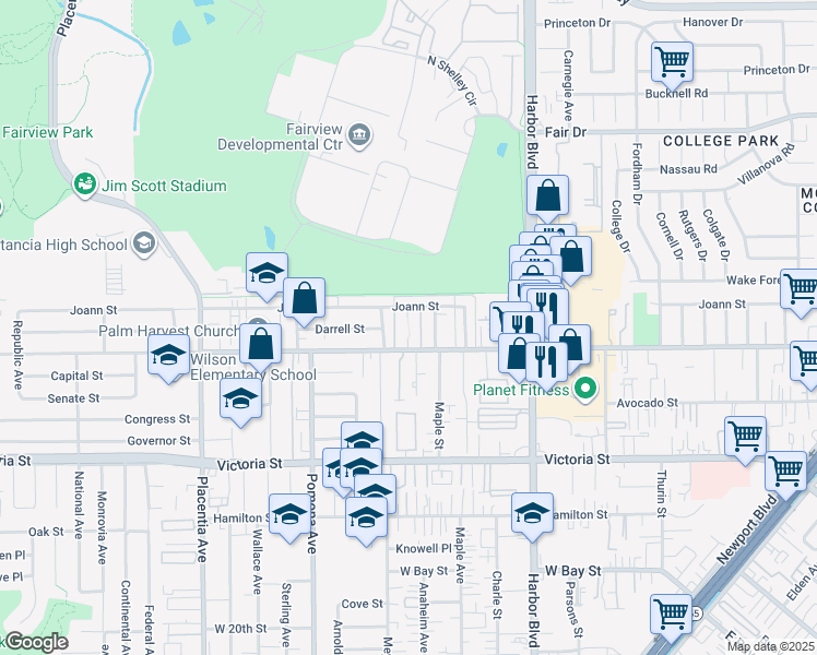 map of restaurants, bars, coffee shops, grocery stores, and more near 2280 West Wilson Street in Orange