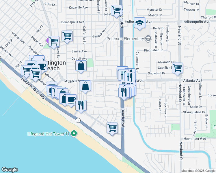 map of restaurants, bars, coffee shops, grocery stores, and more near 7906 Waterfall Circle in Huntington Beach