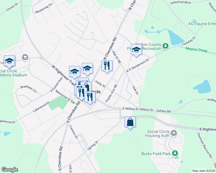 map of restaurants, bars, coffee shops, grocery stores, and more near 210 Holly Street in Social Circle