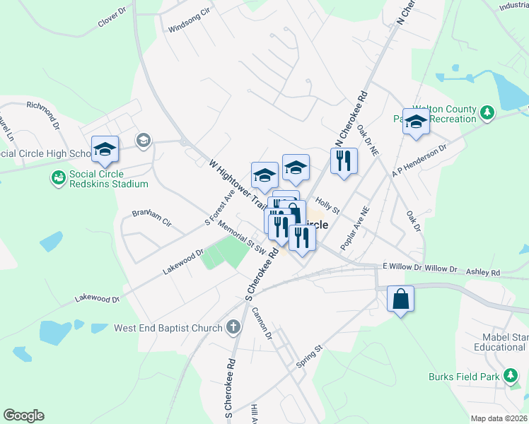 map of restaurants, bars, coffee shops, grocery stores, and more near 162 West Hightower Trail in Social Circle