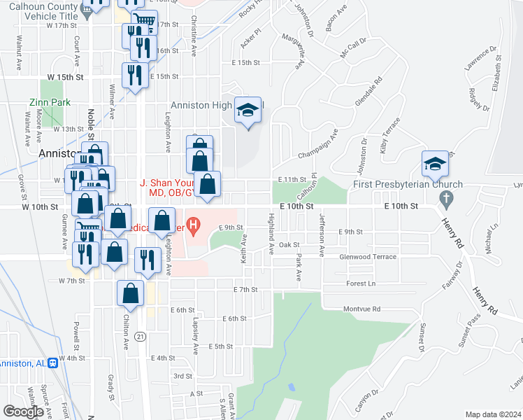 map of restaurants, bars, coffee shops, grocery stores, and more near 716 East 10th Street in Anniston