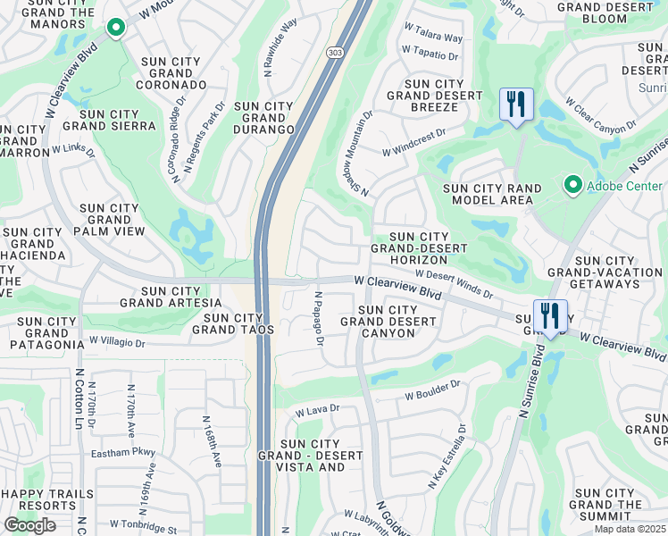 map of restaurants, bars, coffee shops, grocery stores, and more near 16451 West La Posada Lane in Surprise
