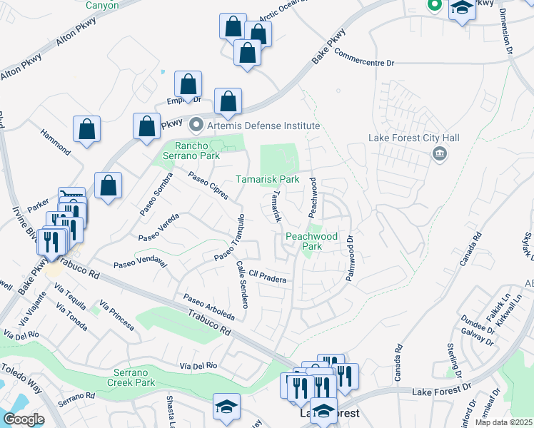 map of restaurants, bars, coffee shops, grocery stores, and more near 25215 Avenida Pacifica in Lake Forest