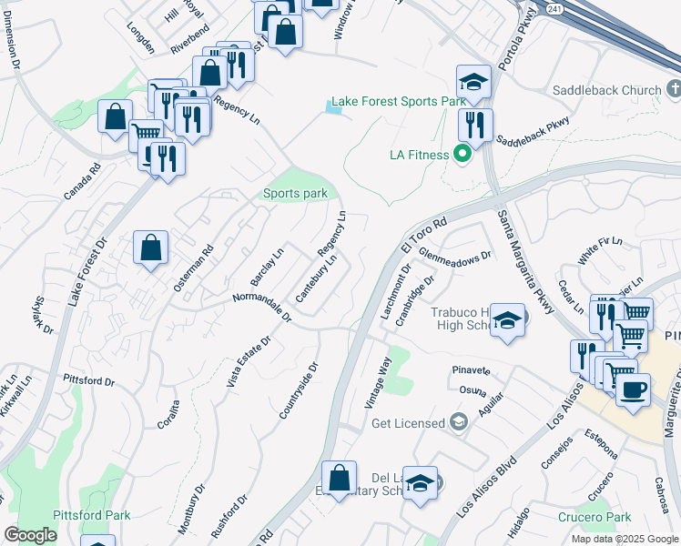 map of restaurants, bars, coffee shops, grocery stores, and more near 21041 Kensington Lane in Lake Forest