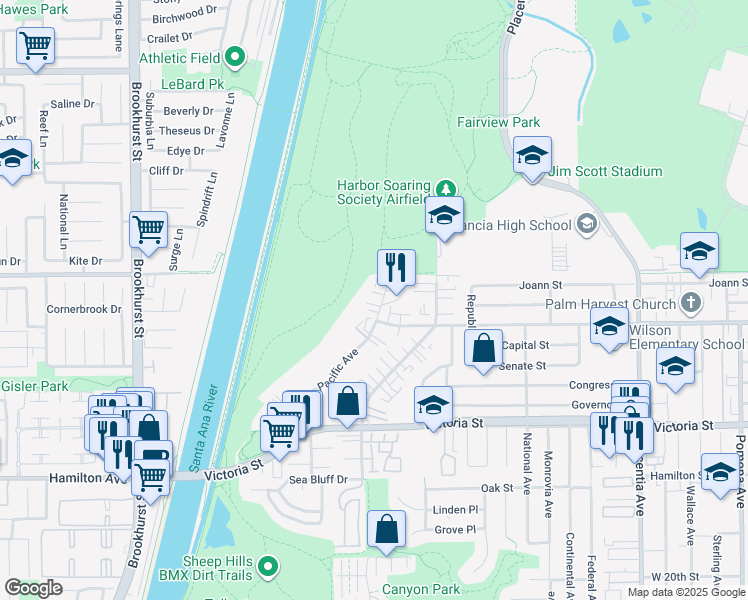 map of restaurants, bars, coffee shops, grocery stores, and more near 2271 Pacific Avenue in Costa Mesa