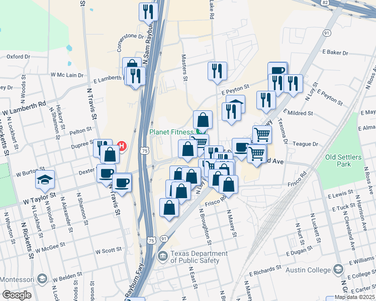 map of restaurants, bars, coffee shops, grocery stores, and more near 705 East Taylor Street in Sherman