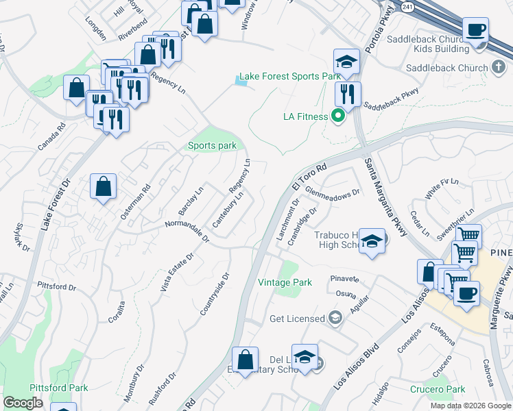 map of restaurants, bars, coffee shops, grocery stores, and more near 21036 Kensington Lane in Lake Forest