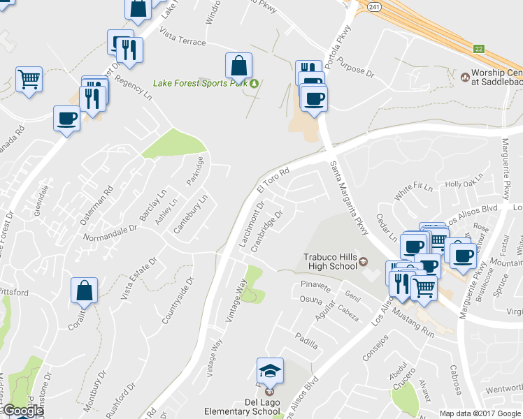 map of restaurants, bars, coffee shops, grocery stores, and more near 21036 Larchmont Drive in Lake Forest