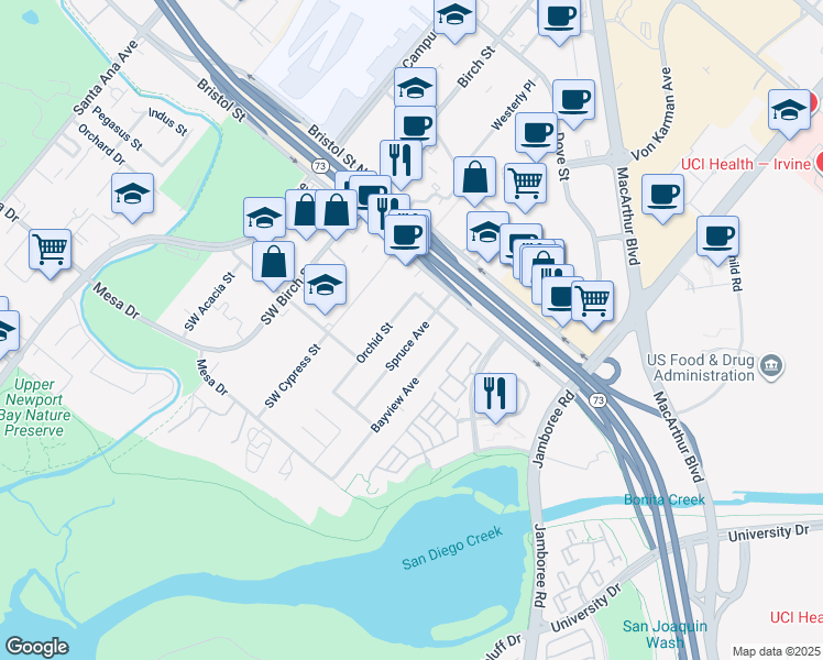 map of restaurants, bars, coffee shops, grocery stores, and more near 20111 Spruce Avenue in Newport Beach