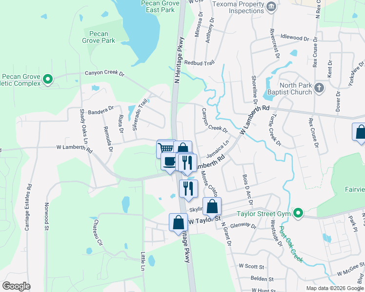 map of restaurants, bars, coffee shops, grocery stores, and more near 2312 San Miguel Street in Sherman