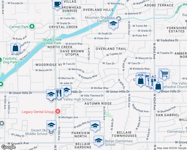 map of restaurants, bars, coffee shops, grocery stores, and more near 4726 West Kimberly Way in Glendale