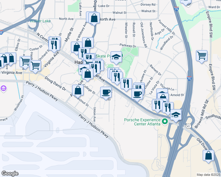 map of restaurants, bars, coffee shops, grocery stores, and more near 2 Porsche Avenue in Hapeville