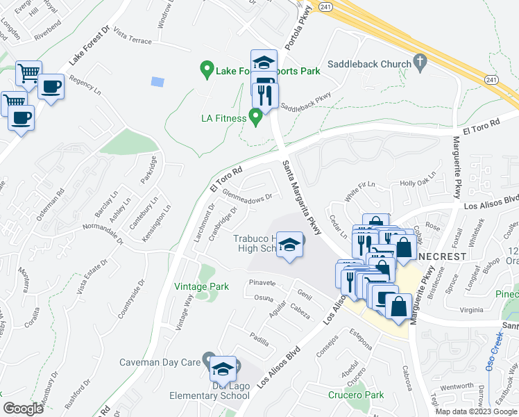 map of restaurants, bars, coffee shops, grocery stores, and more near 27295 Hampden Terrace in Lake Forest