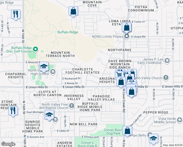 map of restaurants, bars, coffee shops, grocery stores, and more near 2112 East Rosemonte Drive in Phoenix