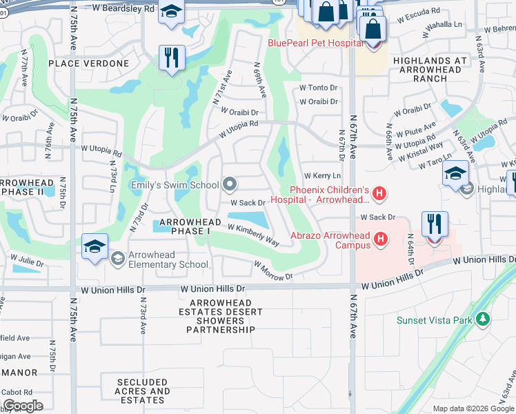 map of restaurants, bars, coffee shops, grocery stores, and more near 6927 West Sack Drive in Glendale