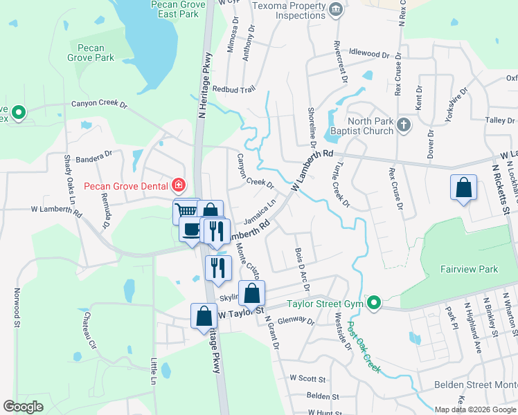 map of restaurants, bars, coffee shops, grocery stores, and more near 1817 Jamaica Ln in Sherman